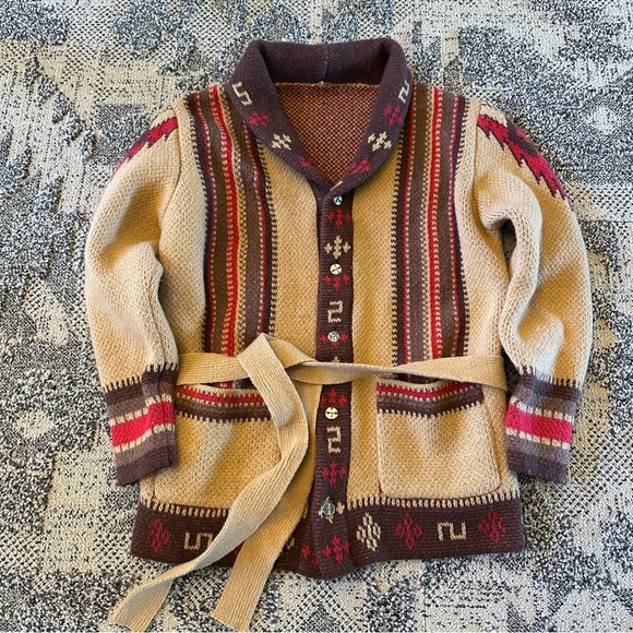 Western Aztec Shaw Collar Cowichan Knit Traditional Button Front Sweater Coat - Picture 3 of 7